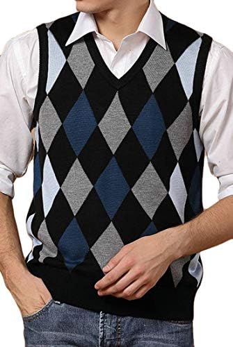Sayhi Men Classic Fit Plaid V Neck Waistcoat Knitted Pullover Sweater Vest