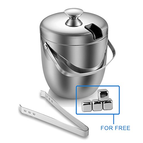 MLO E-CO Ice Bucket with ice Tongs and lid, Insulated Stainless Steel Ice Bucket with 4 Ice Cubes, Double Walled, 2.8 Litre
