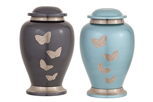 Enshrined Memorials Cremation Urn for Ashes - Apollo Series Affordable Solid Brass Metal Quality Handcrafted for Human Funeral Burial Large 10 inch, Teal with Butterflies (Adult Urn Only) - Thumbnail 2