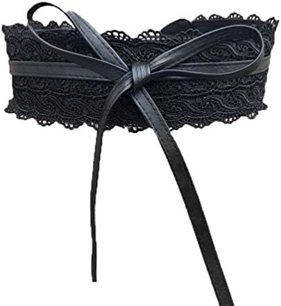 GomyWell Women's Lace Wide Belt Bowknot Faux Leather Around Self Tie Obi Cinch Black