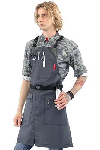 Under NY Sky Cross-Back Barber Gray Apron - Heavy-Duty Nylon, Water and Chemical Resistant, Zipped Pockets, No-Tie, Split-Leg - Adjustable for Men, Women - Pro Hair Stylist, Salon, Colorist, Artist - Thumbnail 6
