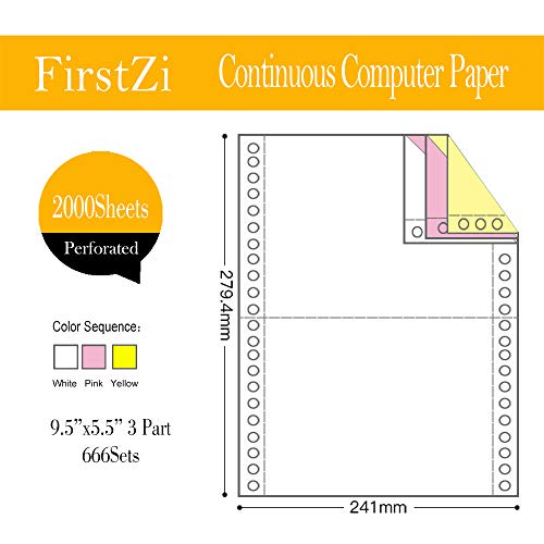 FirstZi 9.5x5.5 Inches 3 Ply Continuous Feed Carbonless Computer Paper for Dot Matrix Printer, 2000 Count per Box, 666 Sets NCR Printing Paper, Perfect for Receipt, Invoice, 3 Color, White/Pink/Yellow