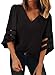 BLENCOT Womens Casual 3 4 Sleeve Bell Sleeve Lace Patchwork Chiffon Blouse Shirt Casual Loose Tops Black Small