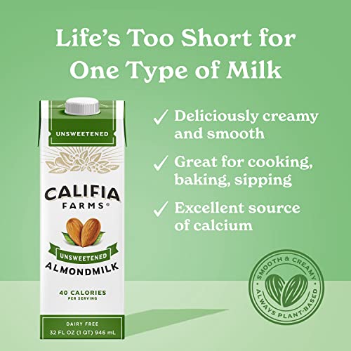 Califia Farms Unsweetened Almond Milk, 32 Oz (Pack of 6), Dairy Free, Vegan, Plant Based, Keto