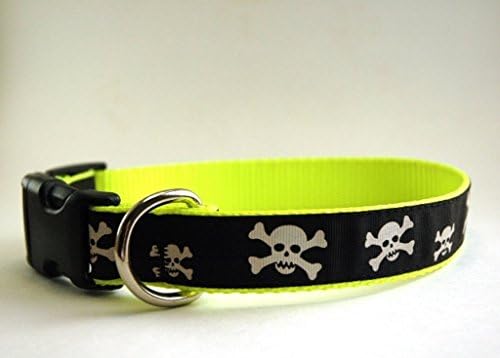 Handmade Dog Collar- Skulls and Crossbones on neon yellow