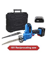 Kit de sierra de recambio inalámbrico de iones de litio de 16 V con 2 cuchillas de madera y 1 2" de longitud de trazo para corte de madera y metal. Incluye batería de 4 Ah, cargador inteligente y fuente de alimentación USB, y funda de plástico.