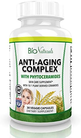 Advanced Anti Aging Complex with Phytoceramides - All Natural Plant Based Supplement with Vitamins A C D & E & Minerals Helps Strenghten & Hydrate Skin & Reduce Wrinkles - 30 Veggie Capsules