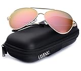 LUENX Large Aviator Sunglasses Polarized for Men & Women with Case - 400 UV Pink Lens Metal Gloss Yellow Gold Frame Mirrored 62mm