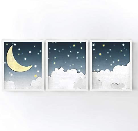 Stars and Moon Nursery Art Prints - Kids Room Decor, Clouds, Moon and Stars, Blue Grey and Yellow Set of 3 Gender Neutral Nursery Wall Art
