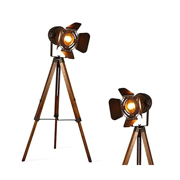 Barcelona LED Vintage Stehleuchte Tripod Stehlampe Deckenfluter im Cinema Stil, mit Dreifuß aus Holz Stativ Holz…