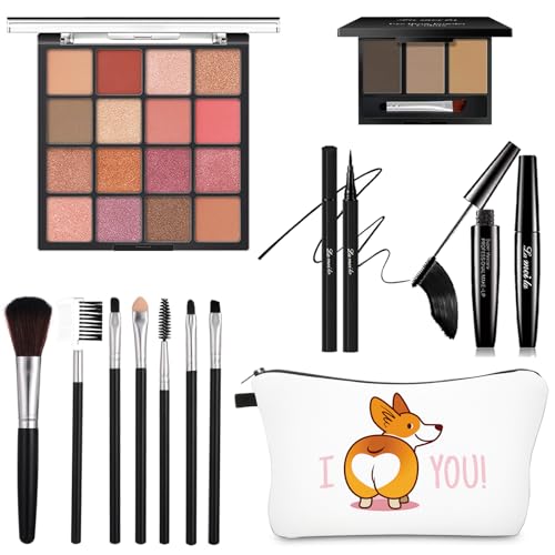 QIONG All in One Makeup Kit For Girls - 16 Colors Purple Eyeshadow Palette,7Pcs Makeup Brushes,Waterproof Eyeliner Pencil,Eyebrow Powder,Mascara,Corgi Cosmetic Bag,Women and Teens Makeup Gift Set