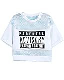 Sheinside Women's Contrast Hollow Mesh Yoke Letters Print Top (XL, White)