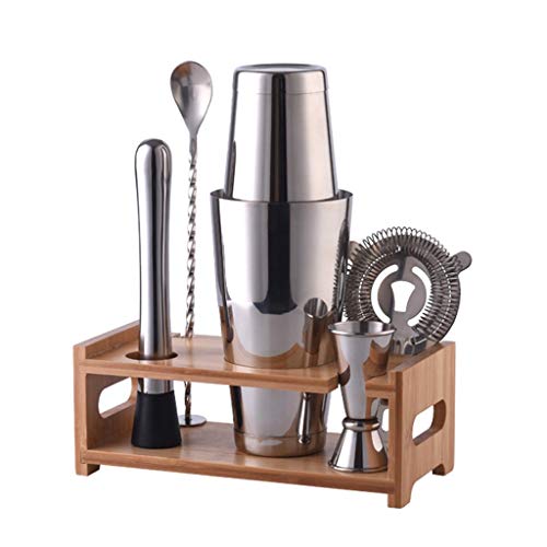 NXYJD 28z 600.800ml Edelstahl Cocktail Shaker BARTDER-Zubehör Bambus Holz Stand Bar Tools Set Kit 6 Stück