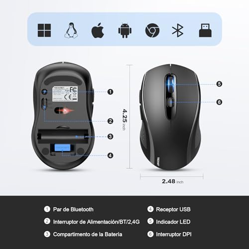 TECKNET Bluetooth Wireless Mouse, 3 Bluetooth Mouse Modes (BT5.0/3.0+2.4G), 4000 DPI, 6 Adjustable DPI Levels, 2.4G USB Wireless Optical Mouse for Laptop, MacBook, PC, Windows (Black)