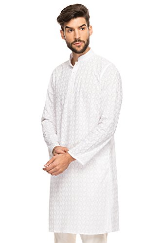 Men's Indian Band Collar Long Tunic Kurta with All-Over Embroidery