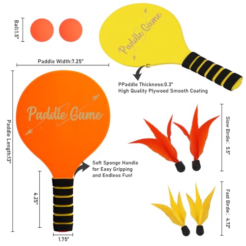 INPODAK Beach Bat and Ball Set, Wooden Paddle Ball for Swimming Pool, Kids Beach Ball Racket Set- 4 Paddles 8 Birdies 4 Balls, Garden Beach Game Toys for Family Boy Girls