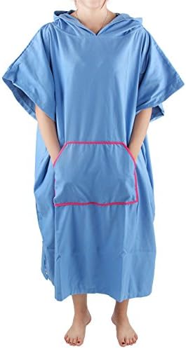 Thin Microfiber Surf Wetsuit Changing Poncho Towel with Hood &amp; Front Pocket &amp; Zip Pocket – One Size Fit All - Lightweight &amp; Easy to carry ( 2 Colors ) (Blue)