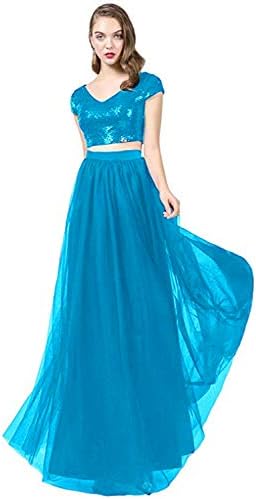 CIRCLEWLD Short/Long Two Piece Bridesmaid Dresses with Sleeves Sequins Top Tulle Skirt Plus Size Prom Gown B76