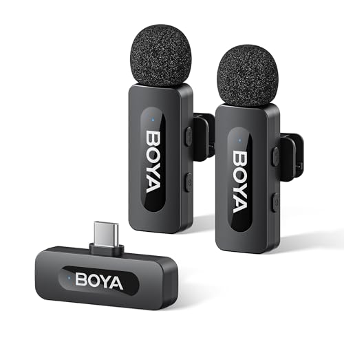BOYA BY-V20 Wireless Microphones for iPhone 15/16 Series, Android/Laptop with USB-C Port, 100m Range, 9H Battery Life, Noise Reduce Mini Mic Clip on Lapel Microphone for Video Recroding/Youtube/TikTok