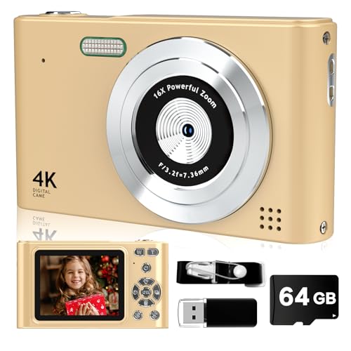 FHD 1080P Digital Camera with 64GB Card, 44MP Point & Shoot, Anti Shake 16X Zoom, Portable Gift for Kids (Gold)