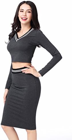 GLOBAL VASION Women Long Sleeve Crop Tops With Midi Pencil Skirts Bodycon Party Dress (L)