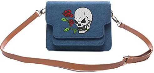 Messenger Bag with Pockets Crossbody Bag for Women Shoulder Branded Handbags Skull and Roses Denim Messenger Bag (jean blue roses)