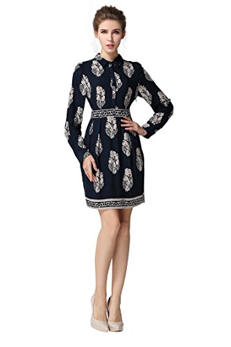 Little Smily Women s Casual Sheath Printed Shirt Dress w/ Long Sleeve, Navy, S