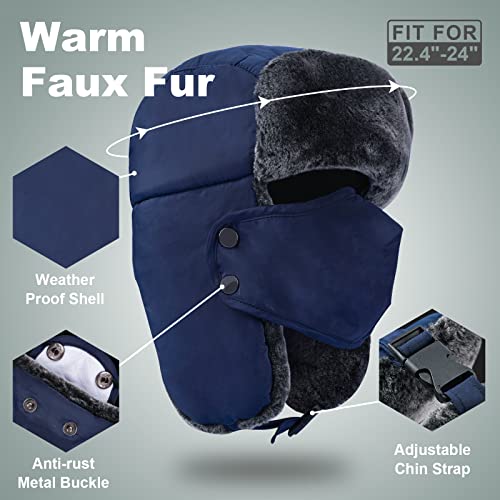 Trapper Hat Winter Hats for Men Women, Russian Warm Trooper Hat with Ear Flaps, Ushanka Bomber Fur Hats with Windproof Mask Blue