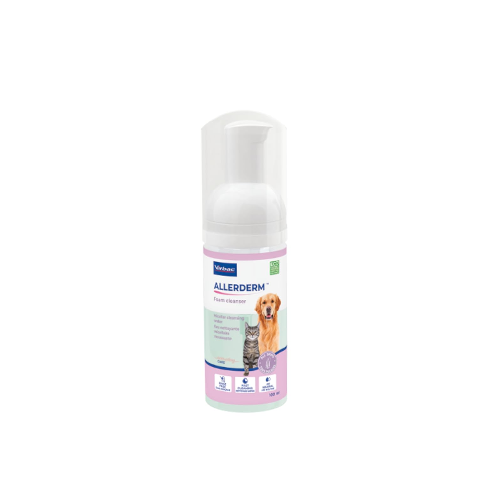 Virbac Allerderm Foam | 100 ml | Cleaning Foam for Dogs and Cats | Can Contribute to Removal of Dirt Quickly and Effectively | No Rinsing | Gentle on the Skin