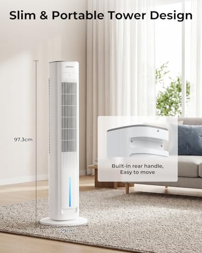 LEENON Silent Column Fan, 3L Capacity Oscillating Fan with Remote Control and 3 Speeds, 3 Modes and 12H Timer Column Fan for Home and Office – White