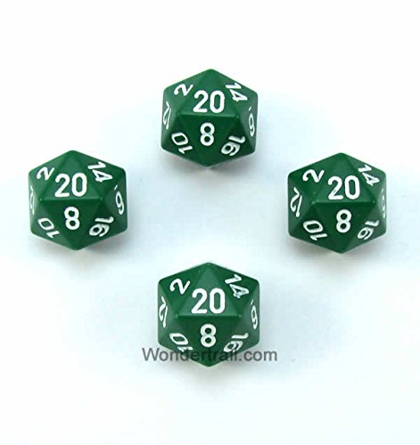 WCXPQ2005E4 Green Opaque Dice with White Numbers D20 Aprox 16mm (5/8in) Pack of 4 Dice Chessex