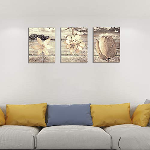 Canvas Art for Living Room Khaki Flower Wall Decor Painting and Brown Background Floral Print Pictures Artwork (12x16inch x3pcs)