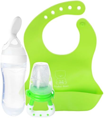 Baby Clean Eating Feeding Set – Dispensing Feeding Spoon Bottle Squeezer | Baby Feeder Teether Nibbler | Waterproof Silicone Bib with Food Catcher Pocket by PomPerfect