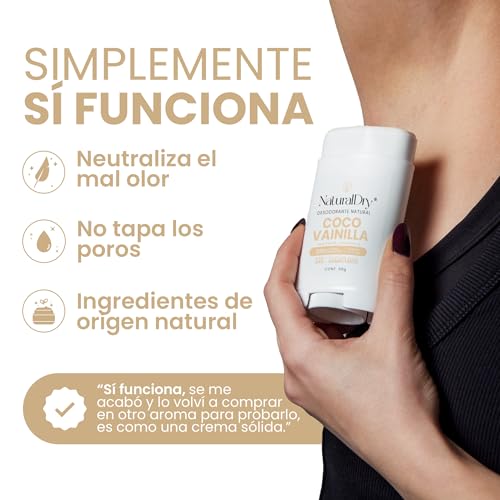 NaturalDry Desodorante Natural que SÍ FUNCIONA | Delicioso aroma Coco Vainilla | Sin Aluminio | Sin Parabenos | Desodorante Mujer | No macha la ropa | Protege del mal olor hasta 24 Horas | 50 G (3 Unidades)