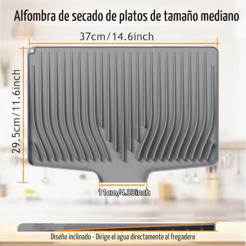 Premium Silicone Dish Drainer with Inclined Design - Non-Slip, Heat Resistant (446°F), Quick Drying Dish Drainer for Kitchen Countertop, Sink (Grey, 37*29.5cm)