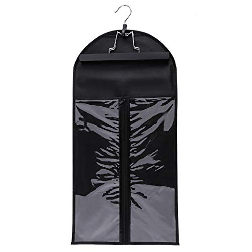 Hair Extensions Storage Bag, Portable Carrier, Virgin Hair Wig Storage Bag, Transparent Zip Up Closure, Protection case with Wooden Clip In Hair Hanger- Black