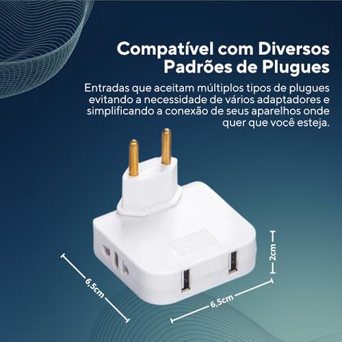 Adaptador Tomada Benjamin Articulado Bivolt com Duas Entradas USB, Conecta 4 Dispositivos Simultaneamente, Ideal para Viagens, Compacto e Portátil, Suporte até 10A, Compatível até 220V Sortido