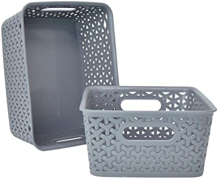 Basket Weave Plastic Storage Bin Set of 2 (10 x 8 x 4, Gray)