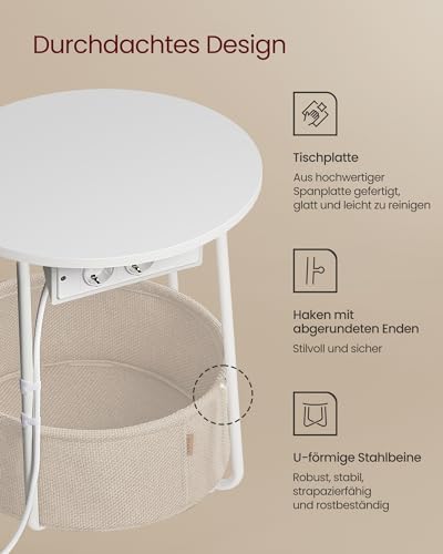 LILEA Kollektion - Beistelltisch rund, Kleiner Tisch, Couchtisch mit Steckdose, Wohnzimmertisch, Korb aus Stoff, Stauraum für Wohnzimmer, Nachttisch modern, mattweiß-Kamelbraun LET228W02