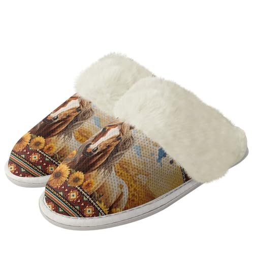Gekhuqory Women's Fuzzy Slippers Sunflower Horse Print Slip-on House Slippers with Fur Edges Breathable & Cozy Flannel Slippers for Warm Winter