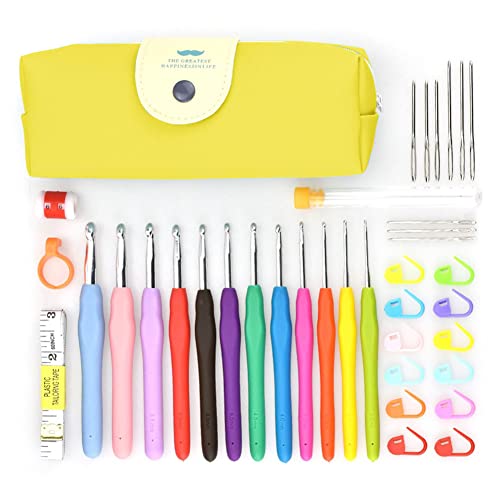 YINVA 41Pcs Crochet Hooks Set 12Pcs Ergonomic Soft Grip Rubber Handles Needles+16Pcs Crochet Stitch Markers with Case Knitting Accessories Tools for Beginners 2.0mm-8.0mm（Yellow）