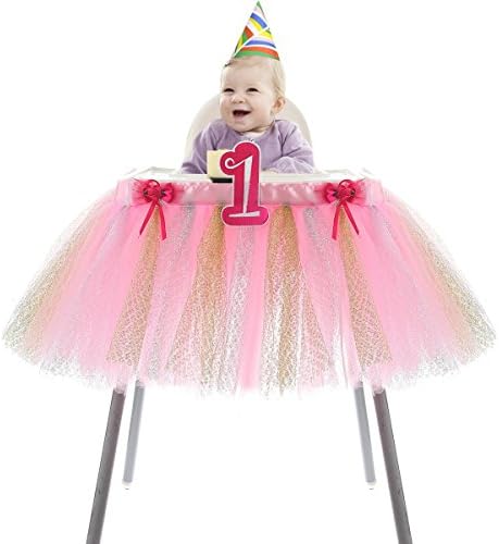 HBBMagic Baby 1st Birthday Deluxe High Chair Tutu Tulle Skirt Decoration Party Supplies Centerpiece, 37โ, Multiple Colors (Pink/Gold/Silver)