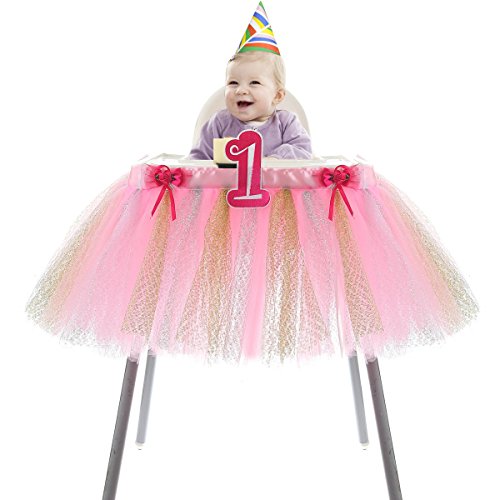 HBBMagic Baby 1st Birthday Deluxe High Chair Tutu Tulle Skirt Decoration Party Supplies Centerpiece, 37”, Multiple Colors (Pink/Gold/Silver)