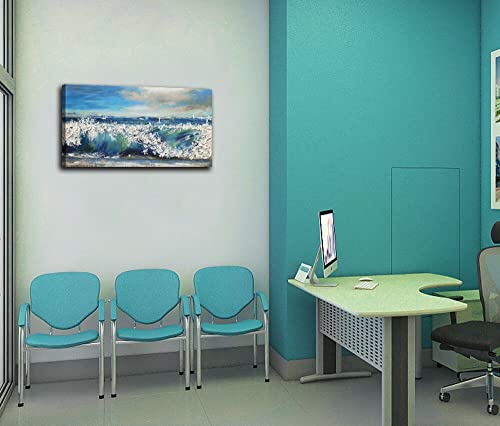 Canvas Wall Art Blue Abstract Seascape Painting Large Size Ocean Waves Single Picture Print, Blue Sky And White Clouds Modern Scenery Sailing Boat In The Ocean Art Frame Living Room Bedroom Home