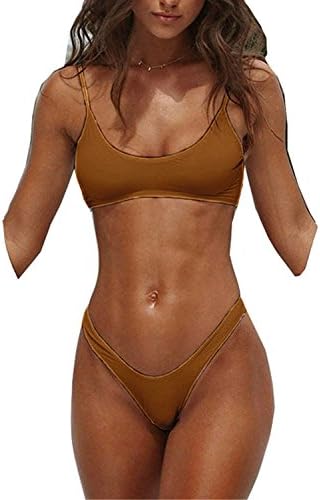 MACVISE Womens Bikini Set Sexy Thong Soft Padded Two Piece Swimsuits(Medium,Coffee)