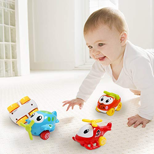 Friction Powered Cars for Kids, Early Educational Development Baby Toys, Push and Go Construction Vehicles and Cartoon Planes for 1 2 3 Years Old Toddlers - 6 Pieces (Blue & Red Planes)