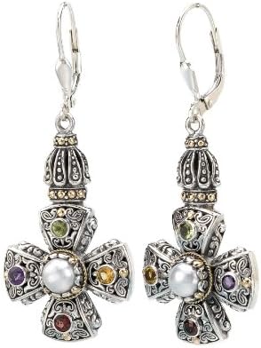 Enchanta Collection Sterling Silver &amp; 18K Multi-Color Gemstone Cross Earrings