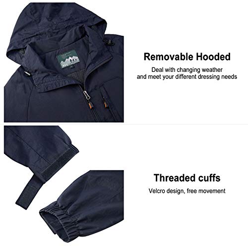 RAISEVERN Chaqueta de montañero Resistente al agua A prueba de viento Azul marino Abrigos Abrigos Casual Ajustable Multi bolsillos Chaqueta con capucha para exteriores para hombres jóvenes L