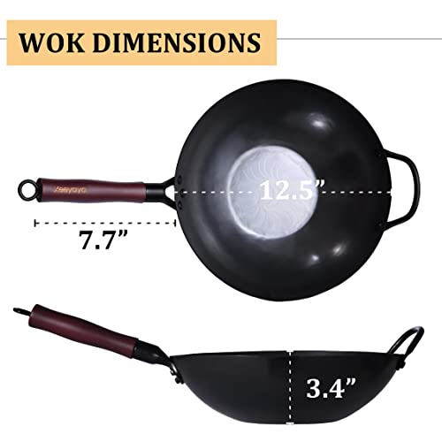 XEEYAYA Carbon Steel Wok Pan with Lid, Chinese Flat Bottom Woks and