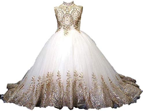 gsunmmw Gold Lace Flower Girl Dresses for Wedding Beaded Pageant Ball Gown First Communion Dress for Girls GS098
